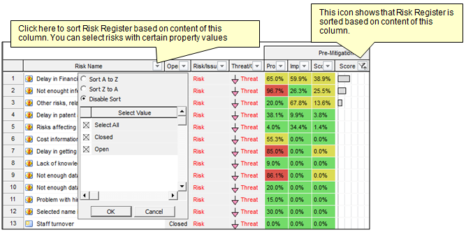 Filter and Sort Risks